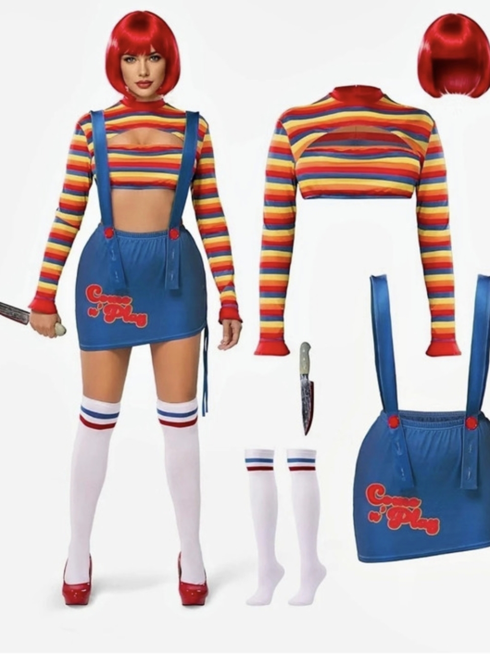 Spooktacular Creations Killer Doll Costume Striped Women's Halloween Costume